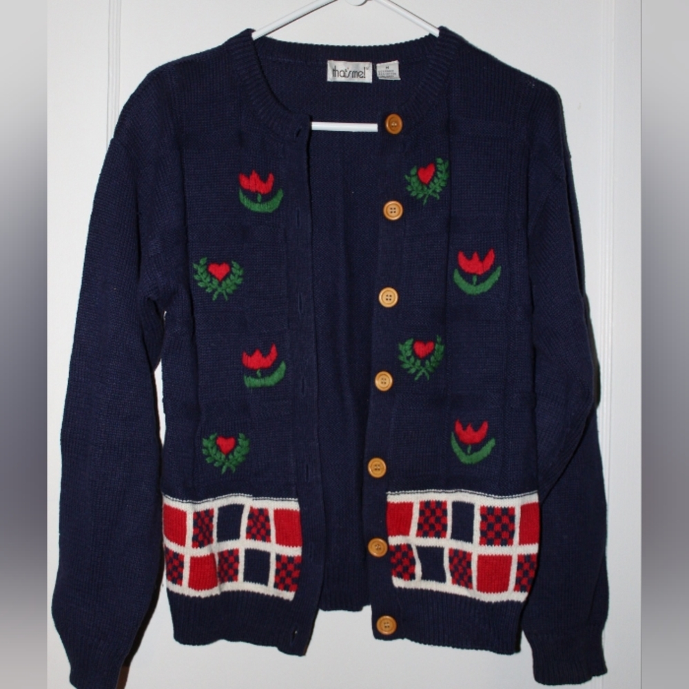 COPY - Vintage That's Me! Sweater Cardigan Rose and Hearts with Checkerboard